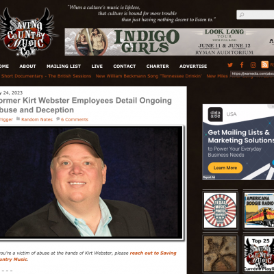 JWA Media, Along With Other Former Associates, Gives Testimonial To Saving Country Music About Prior Employment Experience With 2911 Media & Disgraced Publicist & Manager, Kirt Webster