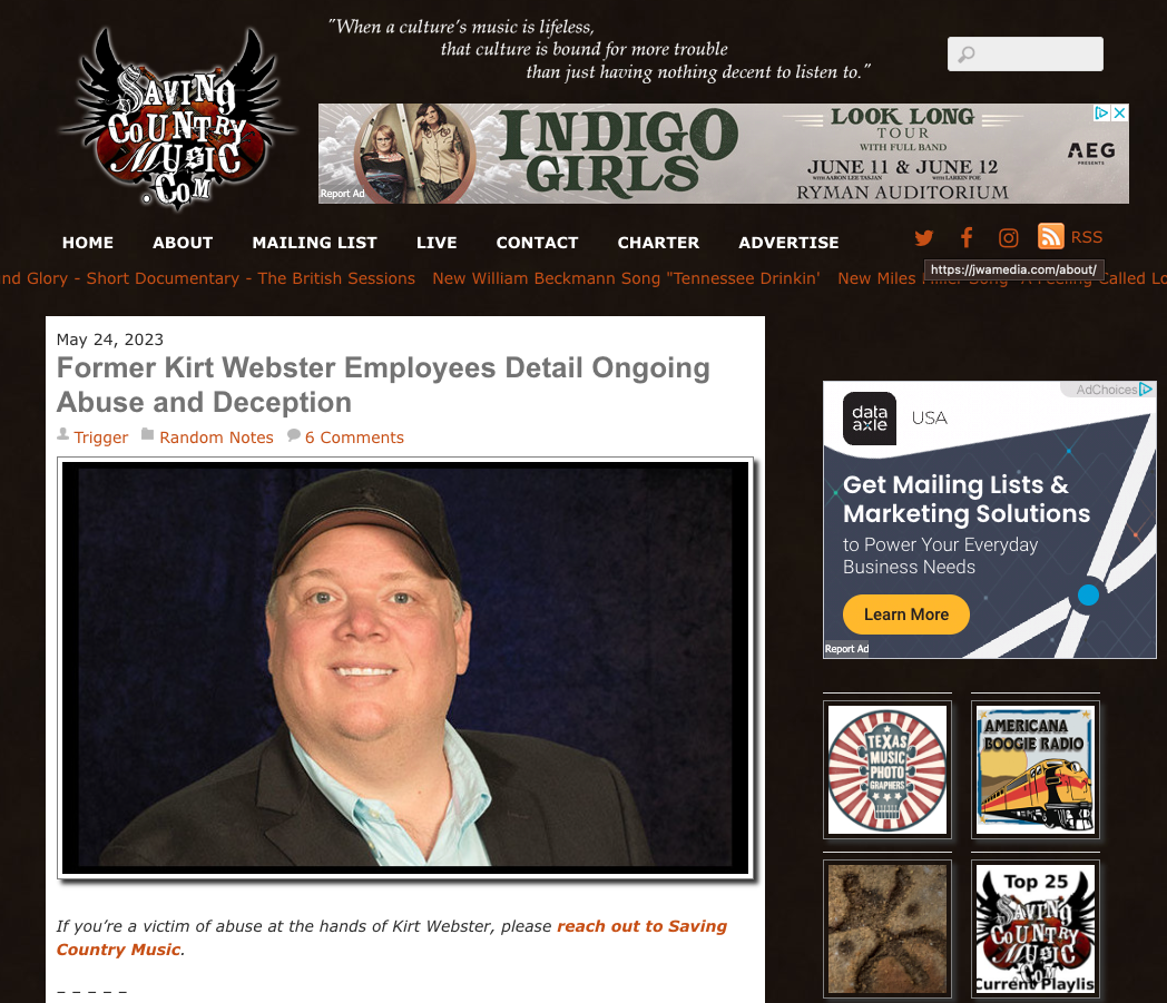 OP-ED: JWA Media, Along With Other Former Associates, Gives Testimonial To Saving Country Music About Prior Employment Experience With 2911 Media & Disgraced Publicist & Manager, Kirt Webster